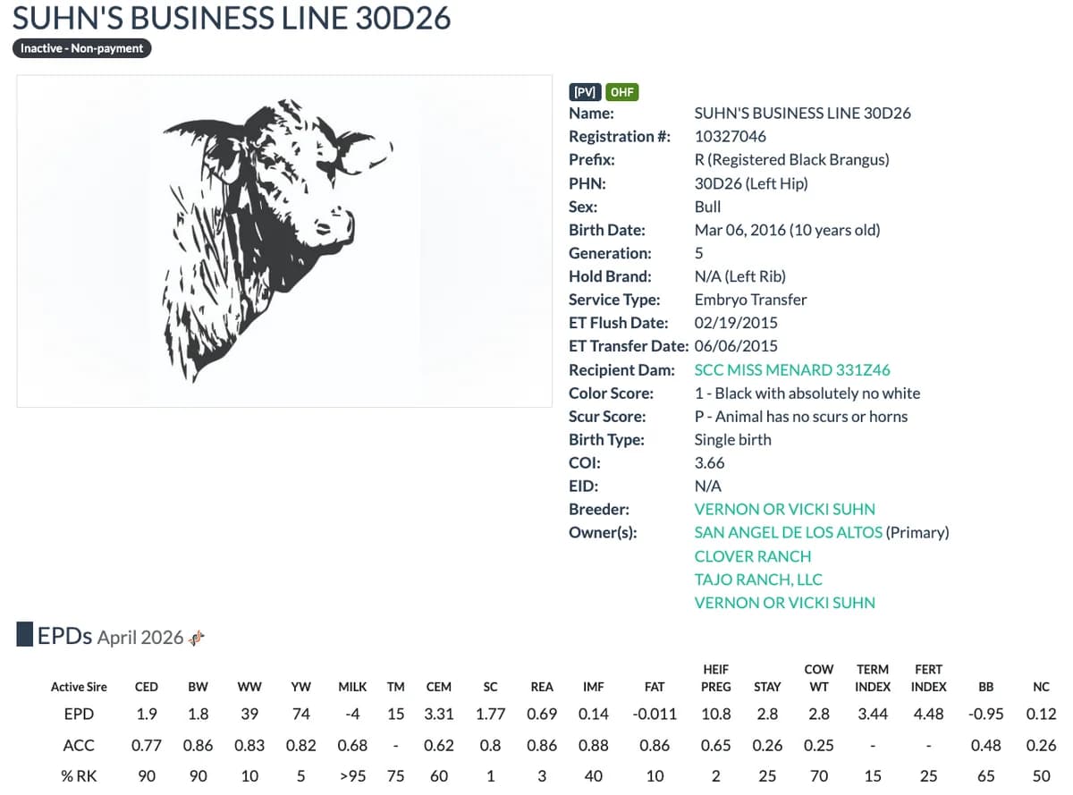 Sire — SUHN'S BUSINESS LINE 30D26